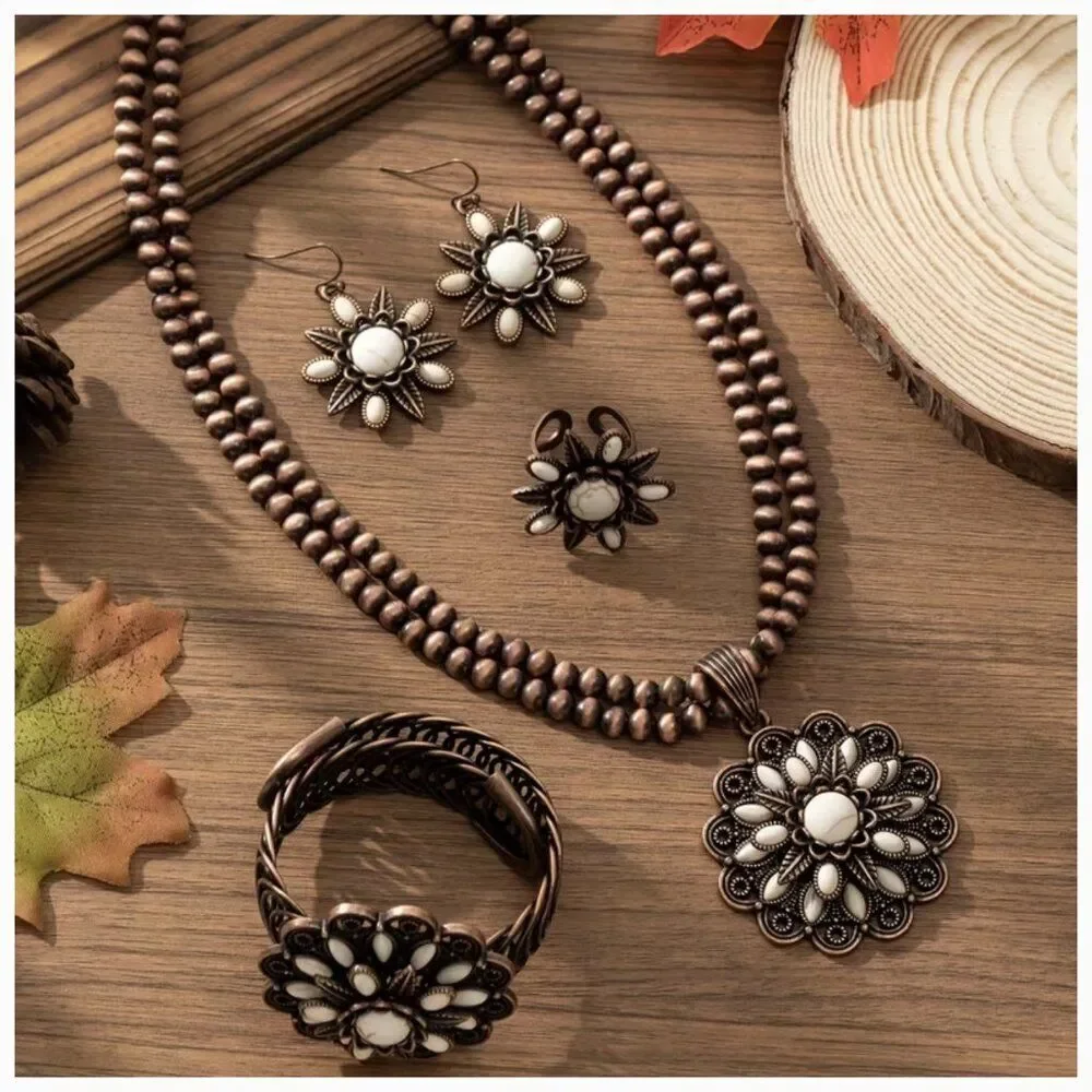 Bohemian 3-Layer Sunflower White Turquoise Faux Stone Jewelry Set 4pc